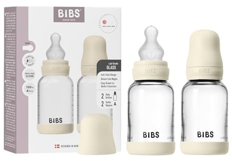 BIBS Glass Baby Bottle, 120 ml, 2-Pack, Silicone Teat, Ivory | Anti-Colic | Silicone Teat | Slow Flow | Supports Breastfeeding | Made in Denmark | Familiar BIBS Teat