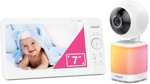 VTech Video-Babyphone mit 7 Farb-LCD-Bildschirm, 360°-Panoramablick, Schwenken/Kippen/Zoom, Wiegenlieder&beruhigende Geräusche, mehrfarbiges Nachtlicht, Gegensprechfunktion, Touch-Bedienung, VM7468