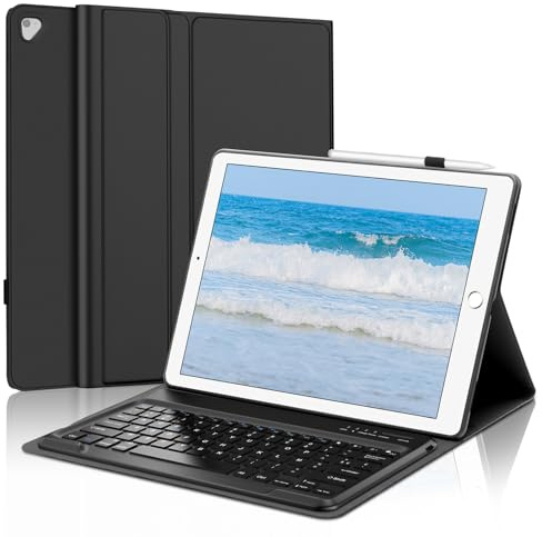 FOGARI Étui Clavier pour iPad Pro 12.9 2015 1ère/2017 2ème Génération | Coque Keyboard à Touches Anti-Arrachage avec Porte Crayon, Français AZERTY Layout Bluetooth Clavier, Noir