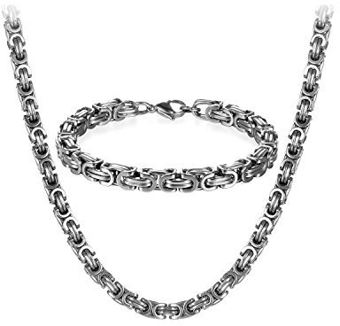 JewelryWe Halskette Armband 2er Set Herren: Silber Edelstahl 8mm Breite Königskette Byzantinische Ketten Set von Halsketten und Armketten für Männer Dick Schwer Kette Hip Hop Punk Schmuck 22 Zoll