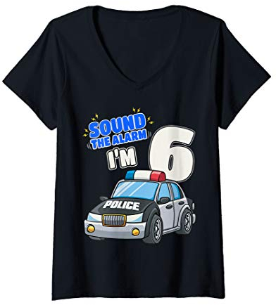 Damen Kinder-Polizeiauto 6 Geburtstag 6 Jahre Polizist Offizier T-Shirt mit V-Ausschnitt