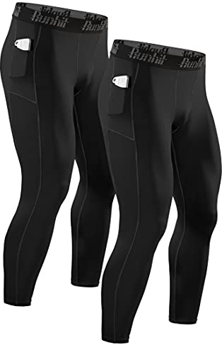 Runhit Compression Pants Men Leggings with Pocket Running Tight for Men Workout Athletic Sweat Jogger Pants Thermal Winter Base Layer Black 2 Pack Small