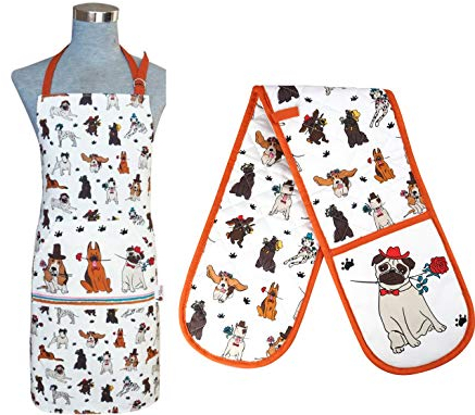 SiXsigma Sports Cooking Chefs Apron With Double Oven Gloves - Quick Dry Kitchen Cotton Aprons For Cooking, Baking & BBQ Grill - Perfect Mothers Day Gifts (Romantic Dog in the Kitchen Gloves Set)