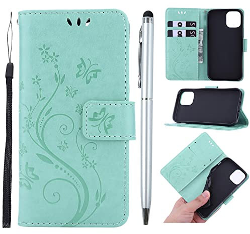 Phone Case for iPhone 13 Mini, Premium PU Leather Flip Embossed Butterfly Case Shockproof Slim Protective Bumper Wallet Case for iPhone 13 Mini with Kickstand Card Holder Lanyard & One Touch Pen
