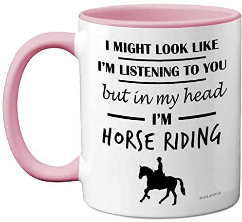 Stuff4 Horse Gifts for Women Men - in My Head I'm Horse Riding - Riding Gifts for Lovers, Mugs Girls, Rider 11oz Ceramic Dishwasher Safe Pink Handle Mugs Cup