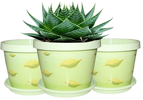 Home Garden Ornaments Plant Pots Indoor Outdoor Decorative Plastic Flower Pots with Saucer, Pistachio Green Leaves Pattern – Set of 3, Indoor Plant Pot (13 cm / 5.1 inch)