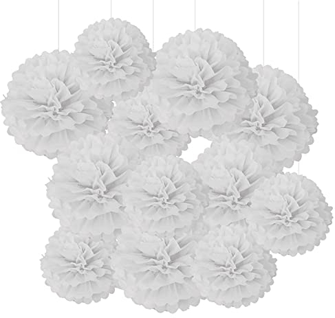 GAKA FAVOR 12er Seidenpapier Pompons Set,Weiß Tissue Hängedekoration Papier Pompoms Deko für Hochzeit,Taufe,Geburtstag,Kommunion,Valentinstag Muttertag Party Deko