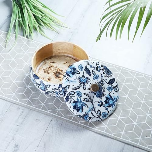 Brick Brown ® Premium Handcrafted Solid Wood Floral Print Roti Casserole for Kitchen | Round Hot Pot, Roti Dabba with Lid | Casserole for Dining, 8.8x8.8x4.3Inch