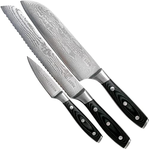 Eden Classic Damast Juego de Cuchillos de 3 piezas EQ2030-S07 Juego de Cuchillos que incluye Santoku, Cuchillo Puntilla y Cuchillo de Pan, Acero de Damasco