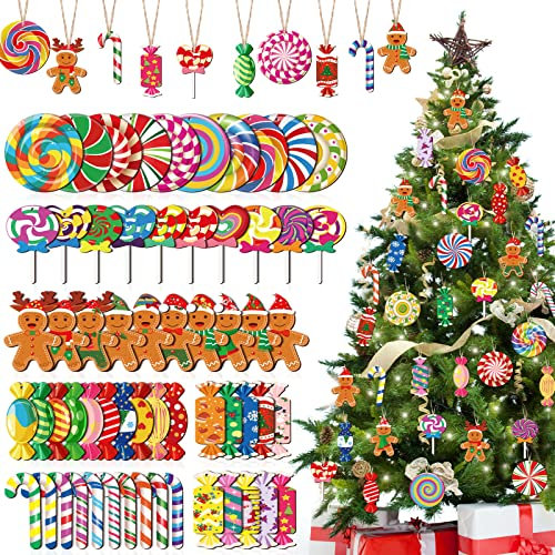 60 Stück Weihnachten Pfefferminz Bonbons zum Aufhängen Holz Weihnachtsbaum Schmuck Set Lutscher Lebkuchen Süßigkeiten Weihnachtsschmuck Bunt Zuckerstangen Deko mit Seil für Süßigkeit Party