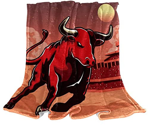 Bull Animal Fight Red Moon Building Fleece-Überwurfdecke für Couch, leichter Plüsch, flauschig