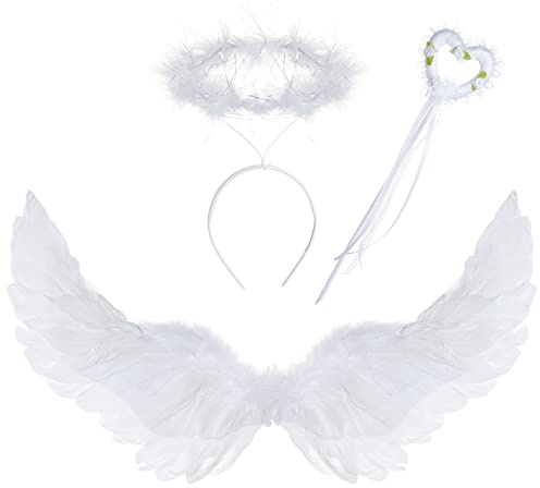 Engelsflügel Weiß Angel Wings Enge Kostüm Engelsflügel Kostüm mit Heiligenschein und Zauberstab Damen,Party Kostüme Deko