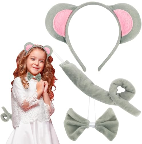 COLOFALLA Maus Ohren Haarreif Mausohren Stirnband Karneval Tier Accessoires Tier Verkleiden Set Maus Kostüm Zubehör Set Tier Haarreif Grau Accessoires für Karneval Party Maskerade Fasching