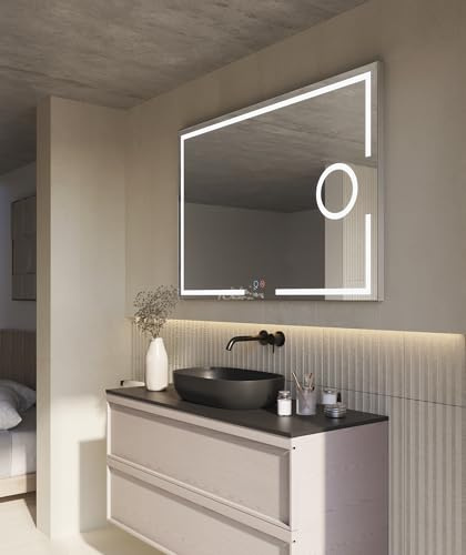 MICE COLLECTION LEDIMEX Specchio Quadrato/Rettangolare con Luce Frontale, Triled (Caldo, Neutro e Freddo), con Specchio Ingrandimento x 5 e Doppio Sensore Antinebbia e On/Off Serie Malta 90 X 80 Cm -
