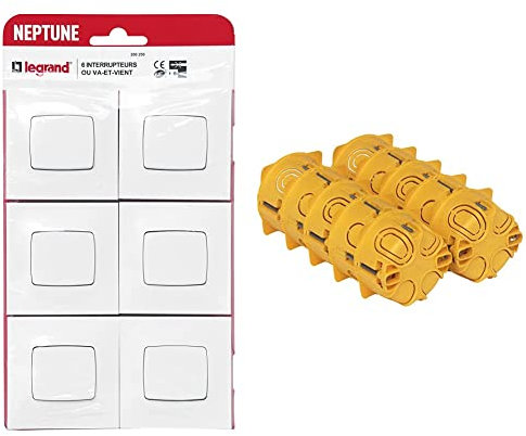 Legrand - Lot de 6 interrupteurs ou va-et-vient Neptune - Blanc & Lot de 10 boîtes à encastrer 1 poste Batibox plaque de plâtre