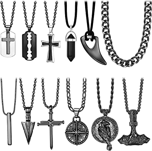 Diamday 12 Stück Wikinger Halsketten Set - Thor Hammer Mjolnir Amulett Anhänger Halskette mit Speerspitze Pfeilspitze Kreuz Rabe Talisman Punk Nordisch Wikinger Schmuck Herren Schwarz