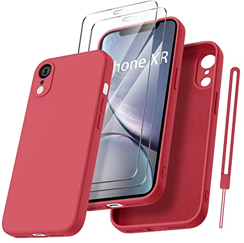 Qasyfanc HandyHülle für iPhone XR Hülle Silikon case mit 2 Stück Schutzfolie, Ultra Microfiber TPU Flüssig silikon mit Kameraschutz Kratzfeste Rundumschutz Schutzhülle 6.1'' - Weißdorn Rot