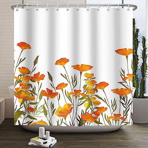 Ttincceer 180x180cm Blume Duschvorhang Aquarell Orange Gelb Floral Tulpe Grün Blatt Duschvorhänge Moderne Kunst Badezimmer Dekoration Vorhang Wasserdicht Badewanne Vorhang