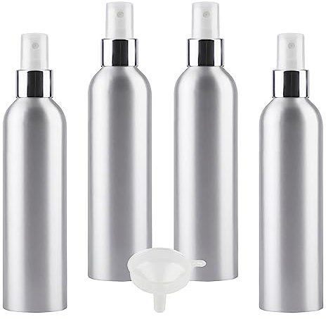 BPZXL 4 Piezas 250ml Botella de Aluminio con Bomba en Plata Niebla Fina Atomizador, para Perfumes Cosméticos Viajes y rtículos de Agua Cosmético Rellenables + 1 x Embudo
