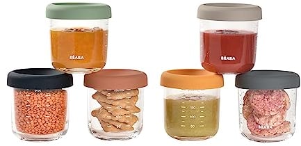BÉABA, Coffret 6 Portions Verre Conservation Repas Bébé/Verre Extra Résistant, 100% Hermétique, Résiste Choc thermique, Congélation, Stérilisation, Graduation, 250 ml, Sunrise