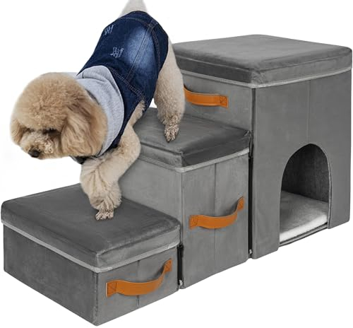 IBVIVIC Escalera plegable para mascotas, 3 peldaños para perros pequeños, con espacio de almacenamiento, multifuncional, útil rampa para perros, 79 x 34 x 44 cm, gris, soporta hasta 30 kg