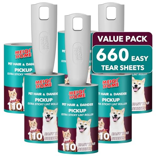 MEIQIHOME Lint Rollers for Pet Hair Extra Sticky, 660 Sheets Value Set Lint Roller with 3 Upgraded Handles, 6 Rollers Portable Pet Lint Remover for Clothes, Furniture, Carpet, Dog & Cat Hair Removal