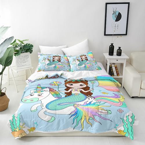 ANHOPE Prinzessin Meerjungfrau Einhorn Bettwäsche Set 3 Teilig Weich Bettbezug 155x220 cm & 2 Kissenbezug 80x80 cm Microfaser Bettbezüge Set mit Reißverschluss Bettdeckenbezug für Kinder Mädchen