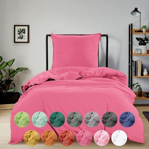 wometo Bettwäsche Renforce Stone-Washed 135x200 & 80x80 cm 100% Baumwolle - pink OekoTex weich modern Used-Look Leinen-Optik