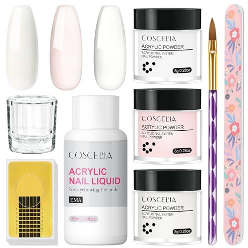 COSCELIA Kit d'Ongles Acryliques 3*8g Acrylique Professionnel Blanc, Rose et Transparent 30ml Monomère Kit Acrylique pour Extension d'Ongles Acryliques Cadeau pour Débutants