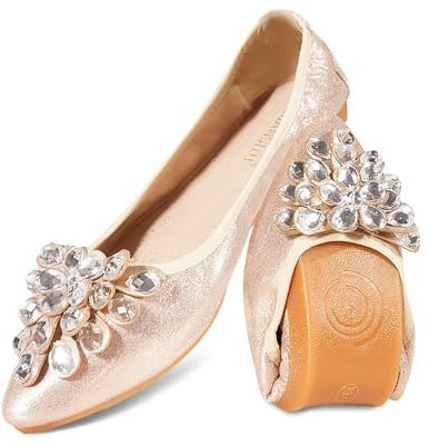 YOUNIFIZ Women's Elastic Foldable Portable Pumps Sparkly Rhinestones Ballet Ballerina Slip On Flats Dolly Shoes (Gold-1,Size 7)