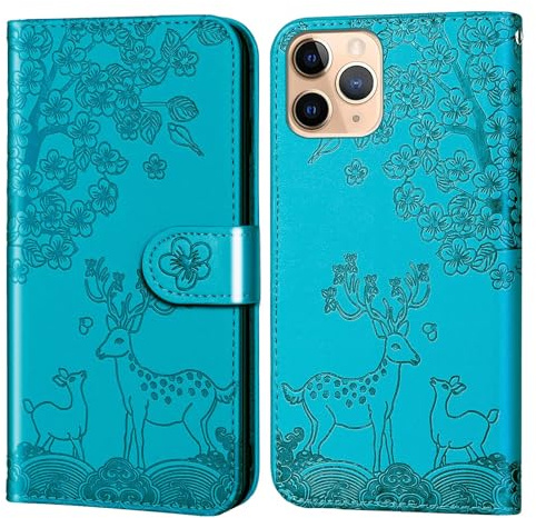 Nbziyoo Phone Case for iPhone 11 Pro, Embossed Deer Floral Animal Flip Wallet Case with Card Slots, Premium Magnetic Protective PU Leather Cover Case for iPhone 11 Pro.Blue