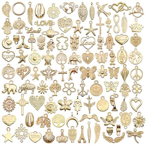 WeddHuis 100 Pièces Breloques Pendentifs pour Bijoux DIY, Charms Vintage Aesthetic pour Colliers Bracelets Boucles d'Oreilles (doré)