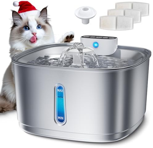 Fuente de Agua Inalámbrica para Gatos, Fuente de Agua de Acero Inoxidable de 3,2L con Sensor de Movimiento, Fuente para Mascotas Alimentada por Batería de 4000mAh con Bomba Ultra Silenciosa, 3 Filtros