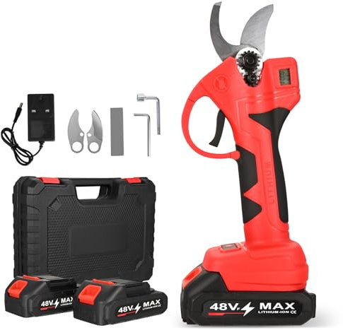 Electric Pruners, Portable Cordless Electric Scissors with 2pcs Rechargeable 21V 2000mAh Lithium Batteries and 2pcs SK7 Blades for Garden, Tree, Branch Pruners, Cutting Diameter 30 mm (Red)