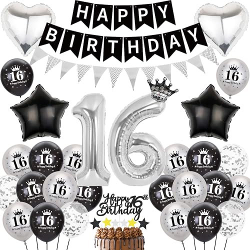 Deko 16 Geburtstag Mädchen Junge - 63 Stück Schwarz Silber Geburtstagsdeko mit Happy Birthday Banners, Stern Liebe Zahl Folienballon Konfetti Luftballons Tortendeko für Teenager Party Drinnen Draußen