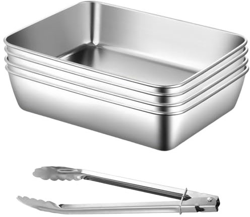 GOMETY 4 Stück Panier-Set aus Edelstahl, 25.5 x 20 x 5.5 cm 4-teilig Schalen zum Panieren mit Panierzange Panierstraße Edelstahl Schnitzel Panierset Fleisch Fisch Metall Panierstraße Grillschale