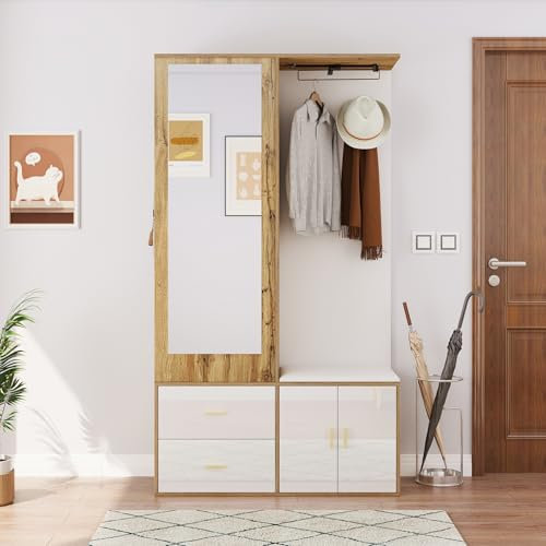 Mobiletto entrée moderno con specchio, scarpiera, scarpiera con gancio e asta appendiabiti allungabile, 100 x 38 x 180 cm (bianco e legno)