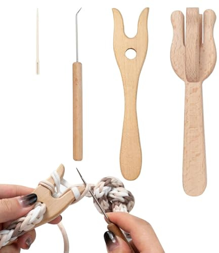 Liqzirtu Stick Fork - 4 Holzlucet -Gabel -Häkelkit, Holzgabelgeflecht und Lucet -Gabel für Teppichproduktion, tragbare Stickgabel mit großer Augennadel, Holzgabel
