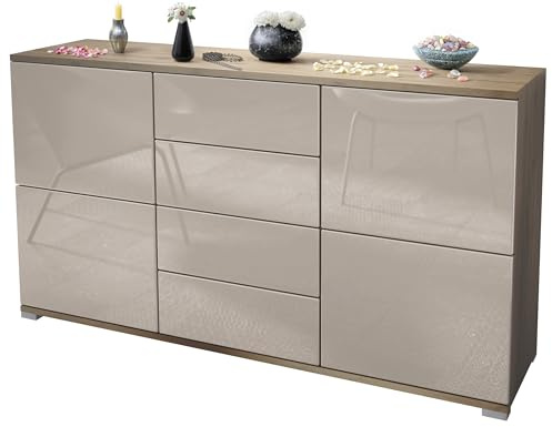 Vladon Sideboard Rova V1, Kommode mit 4 Türen und 4 Schubladen, Eiche Evoke/Sandgrau Hochglanz (138,5 x 75,5 x 35)