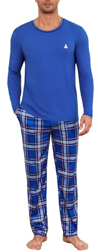 Jahetuul Pyjama Homme Long en Coton Hiver Ensembles de Pyjama à Col Rond avec Poches et Pantalon à Carreaux Vêtements de Nuit