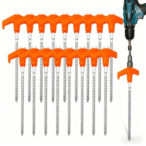 Nexboraque 20 Pack Screw in Tent Stakes, 20 cm Heavy Duty Ground Anchors with Hex Head Drillable Tent Pegs Camping Stakes for Patio, Garden, Canopies, Grassland, Outdoor (Orange)