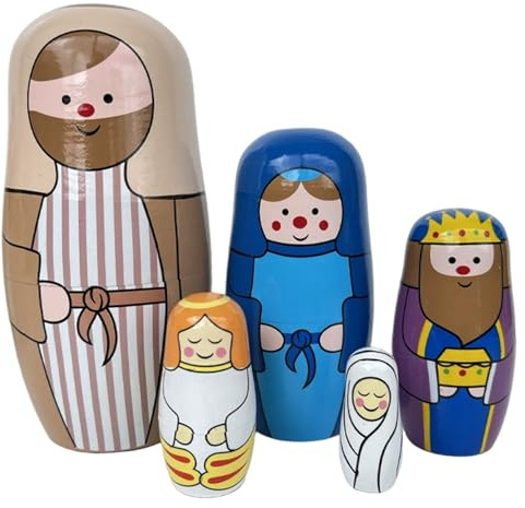Grtheenumb Nistpuppen für Kinder, 5 Stück, Jesus-Krippe, stapelbar, Exquisite Malerei aus Holz für Weihnachten, Ostern, Geburtstag