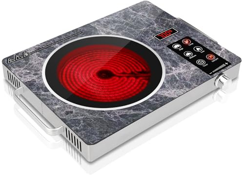 Alemania Placa de Cocción Eléctrica 1 Fuego 3500W, Placa Vitrocerámica Portátil por Infrarrojos con Cristal Marmoleado, Placa Eléctrica de Sobremesa con 17 Niveles de Potencia y Temperatura