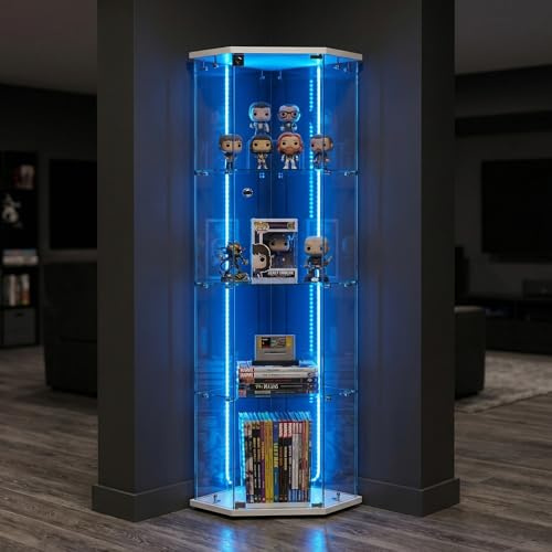 Zorvani Glasvitrine Eckschrank mit 4 Ebenen und LED-Beleuchtung, Standvitrine, Sammlervitrine Für Wein, Sammlungen als Aufbewahrung in Wohnzimmer, Schlafzimmer