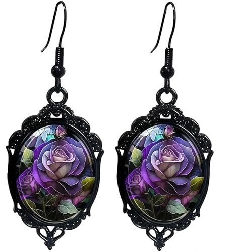 Vesavifaka Gothic Rose Kamee Anhänger Ohrringe, Vintage Kristallglas Blume Tropf Titan Dangle Earrings, Dunkler Punk Stil Rose Ohrringe, Viktorianischer Mystischer Schmuck für Damen Herren - Stil C