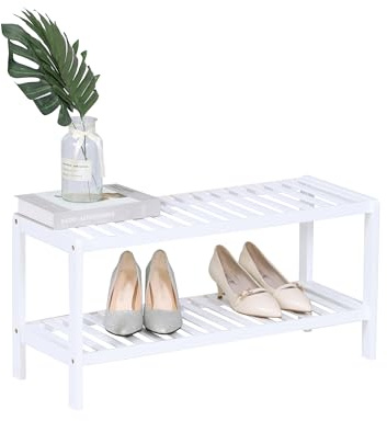 Relaxdays Schuhregal, 2 Ebenen, 6 Paar Schuhe, weiß | HBT: 33,5 x 70 x 24,5 cm, Schuhständer mit Gitterablagen, Bambus