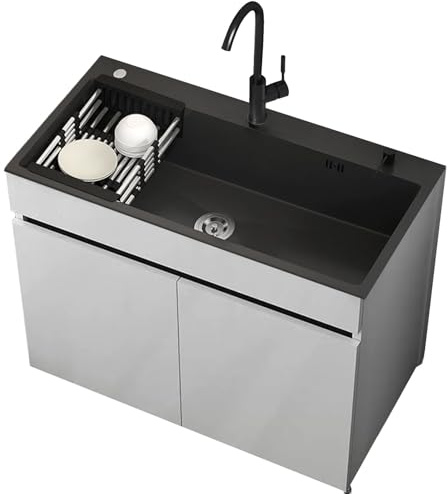 68/80 CM Negro Fregadero de Acero Inoxidable con Agua Caliente y Fría Grifo, Fregadero de Cocina con Armario de Almacenamiento y Cesta de Desagüe para Interiores, Exteriores