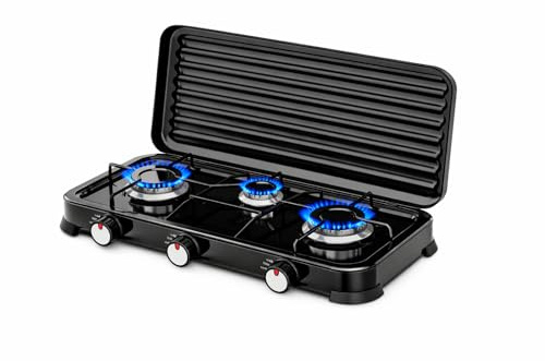 Réchaud à gaz portable à 3 feux pour extérieur, réchaud à gaz butane et propane avec couvercle amovible, flamme réglable, 5,4 kW, cuisinière d'appoint compacte (3 feux)