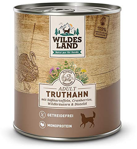 Wildes Land - Truthahn - 12 x 800 g - Mit Süßkartoffel, Cranberries, Distelöl und Wildkräutern - Nassfutter für Hunde - Hoher Fleischanteil - Monoprotein - Getreidefreies Hundefutter