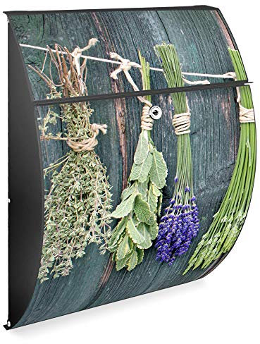 banjado Design Briefkasten - Modell Riviera 46x33,5x13cm groß - verzinkter Stahl anthrazit - Postkasten Öffnungsstopp großer A4 Einwurf Zylinderschloss 2 Schlüssel - Motiv Acht Kräuter